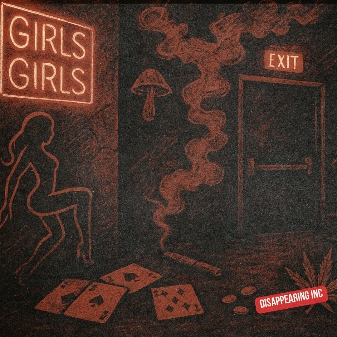 A gritty, red-and-black textured illustration of an underground alley, featuring symbolic elements like neon light reflections, broken mirrors, scattered cards, and hazy smoke—hinting at Austin’s underground comedy secrets, drugs, and nightlife culture.