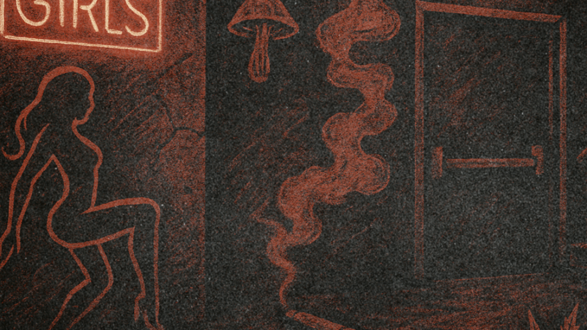 A gritty, red-and-black textured illustration of an underground alley, featuring symbolic elements like neon light reflections, broken mirrors, scattered cards, and hazy smoke—hinting at Austin’s underground comedy secrets, drugs, and nightlife culture.